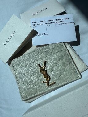 Saint Laurent Cream Chevron Card Holder with Gold YSL Emblem